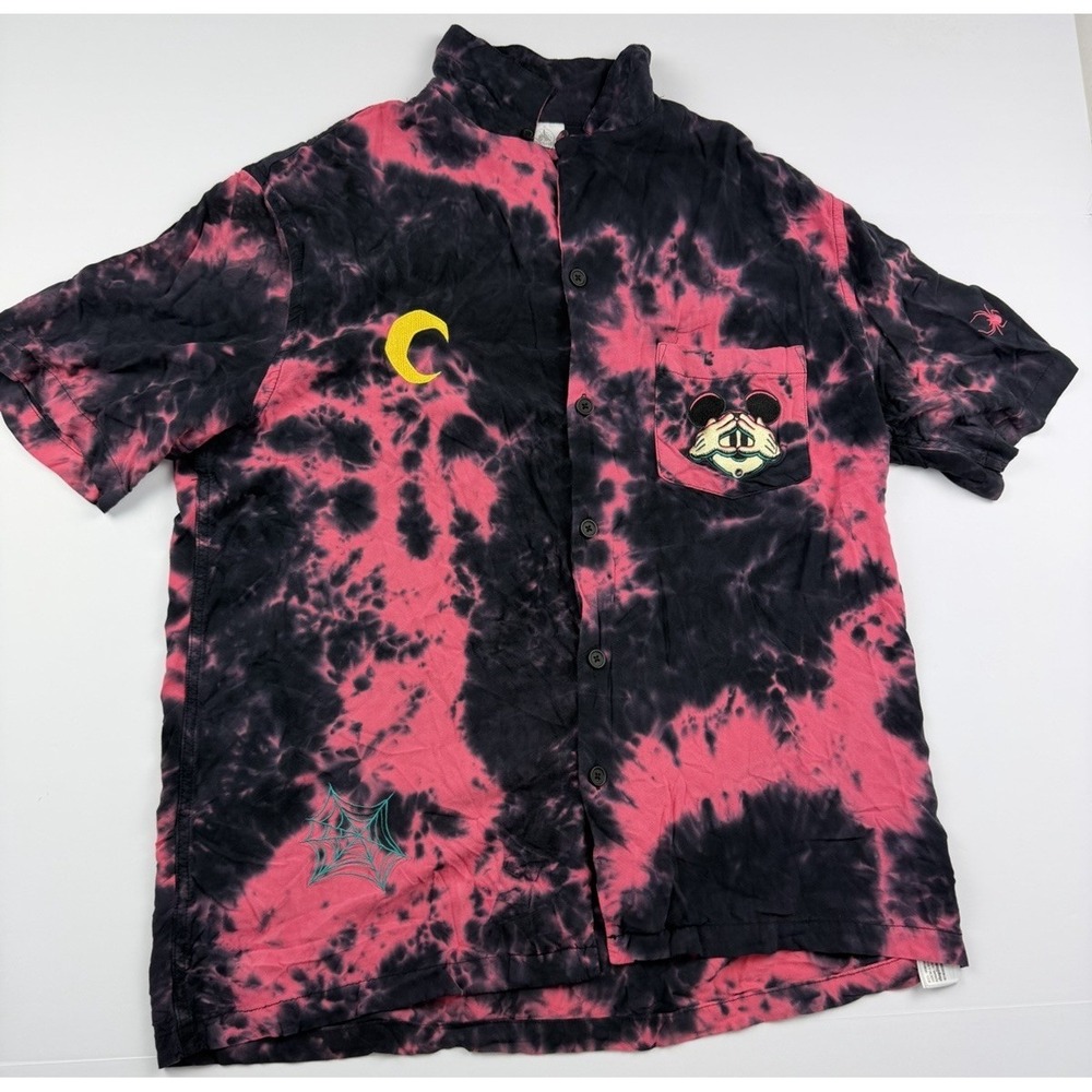 Disney Mickey Mouse Tie Dye Button Up Shirt Pink Black Size Large